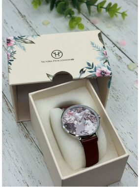 Victoria Hyde London Floral Dial Burgundy Strap Watch NIB
